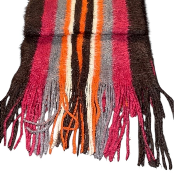 Pink and Orange Striped Knitted Scarf with Fringe - Picture 1 of 3